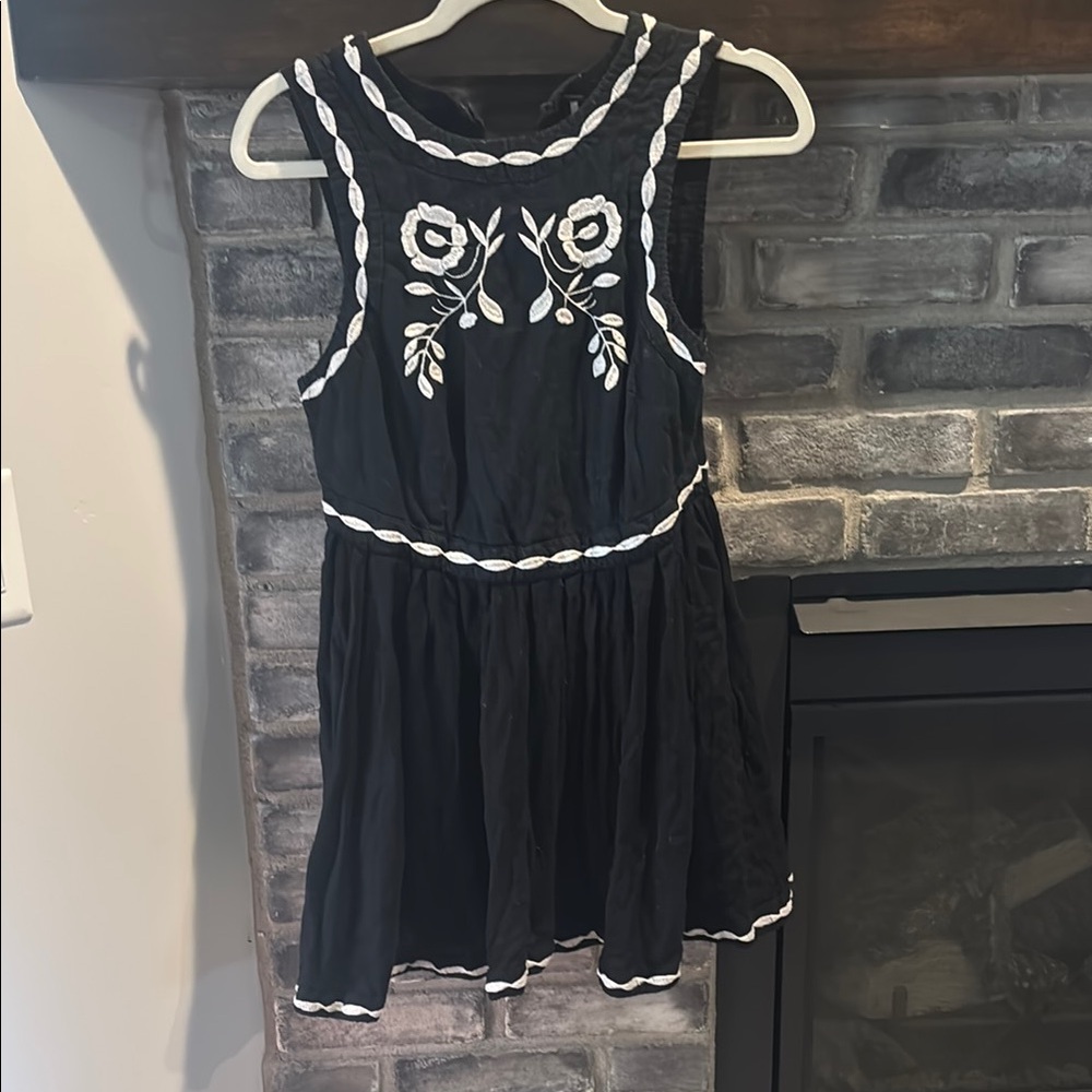 Free People Black Mini Dress with White Embroidery